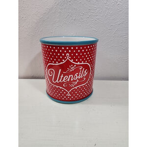 The Pioneer Woman Ceramic Kitchen Utensil Holder Red Polka Dot Teal Border